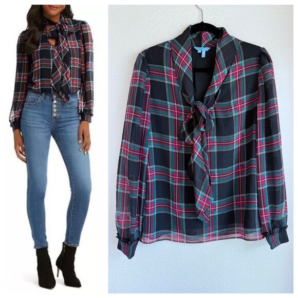 Draper James Tops - Draper James Women's Georgia Plaid Tie Neck Bow Sheer Long Sleeve Blouse Size M